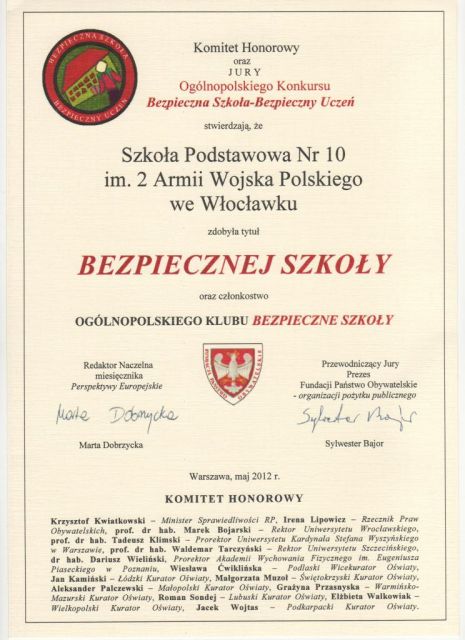Bezpieczna szkoła  – bezpieczny uczeń – certyfikat dla  SP 10