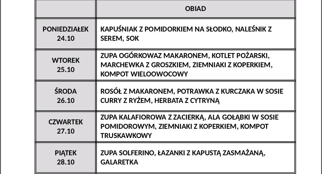 Jadłospis 24-28 październik