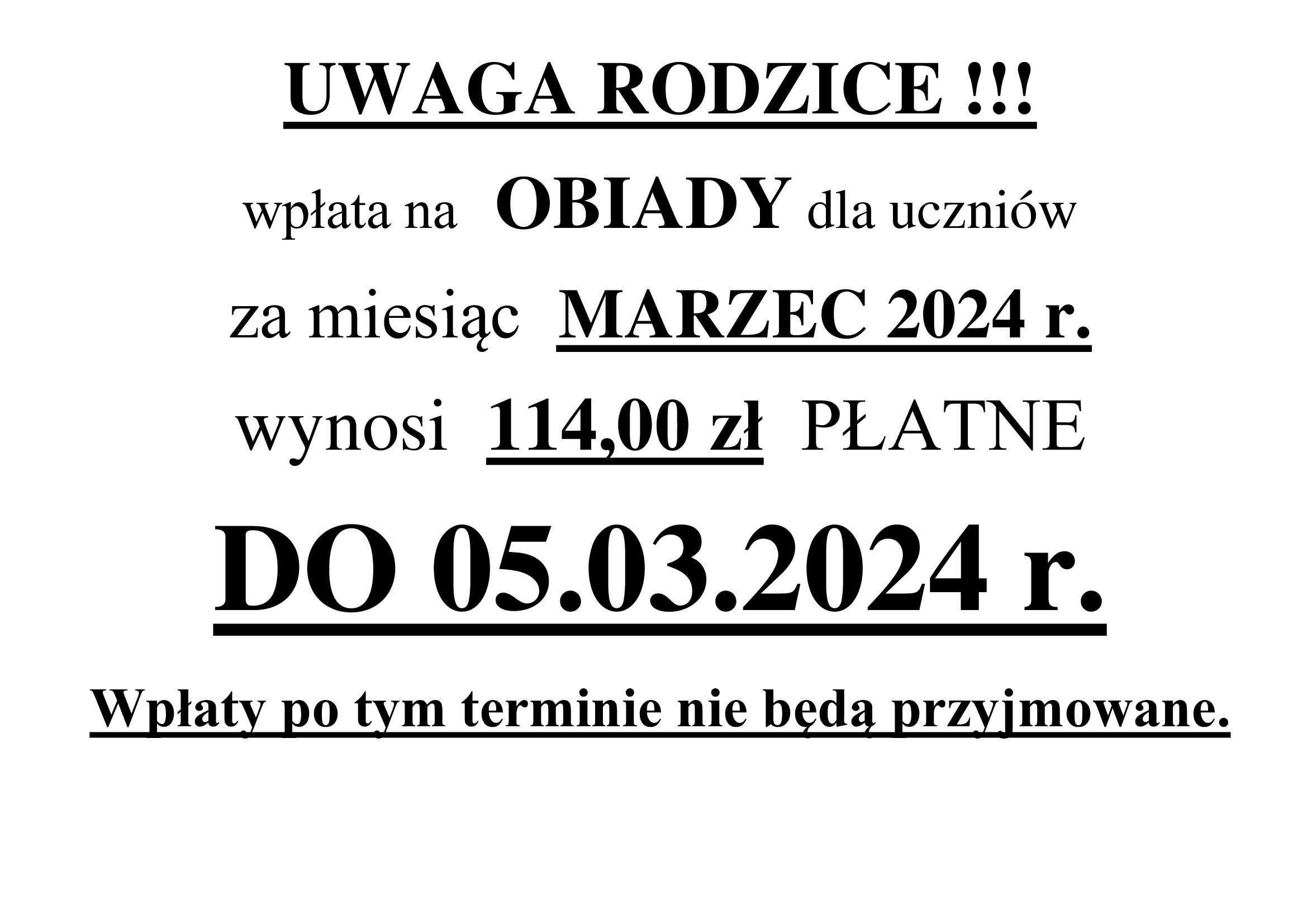Opłaty za obiady - Marzec 2024